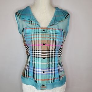 Marisa Bartelli NWT Size 6 Thai Silk Plaid Sheer Sleeveless Top Blouse
